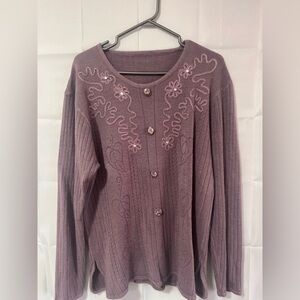 4/$25 Mauve Ribbed Button-Front Cardigan with Embroidered Detail